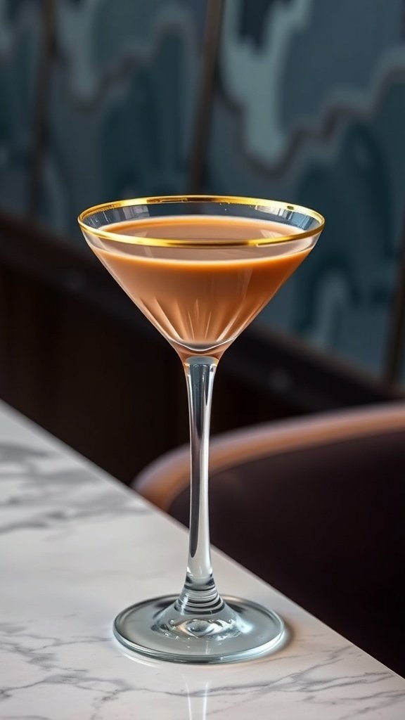 A coffee martini in an elegant glass with a golden rim, placed on a marble table.