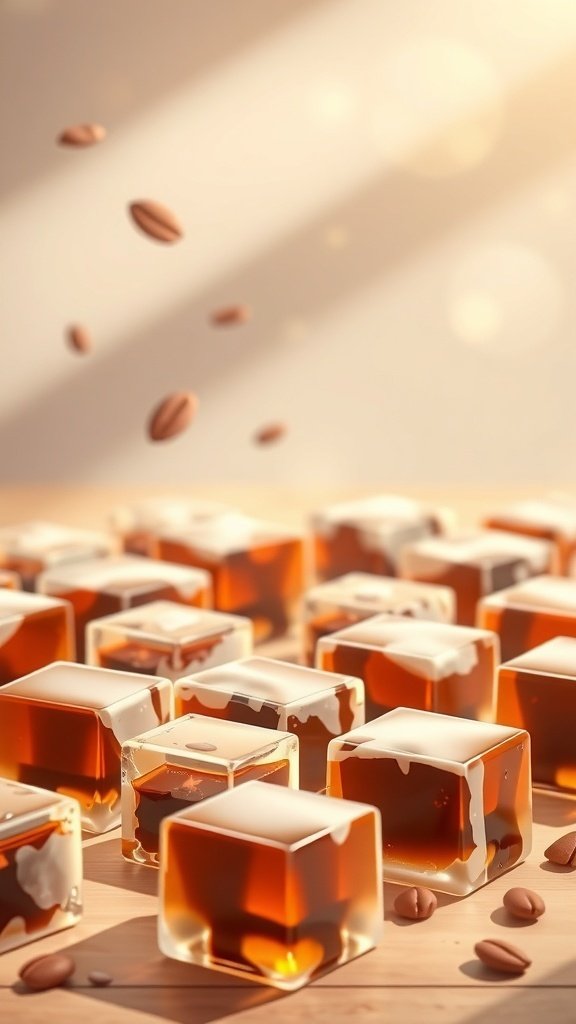 A close-up of coffee jelly cubes with coffee beans scattered around.
