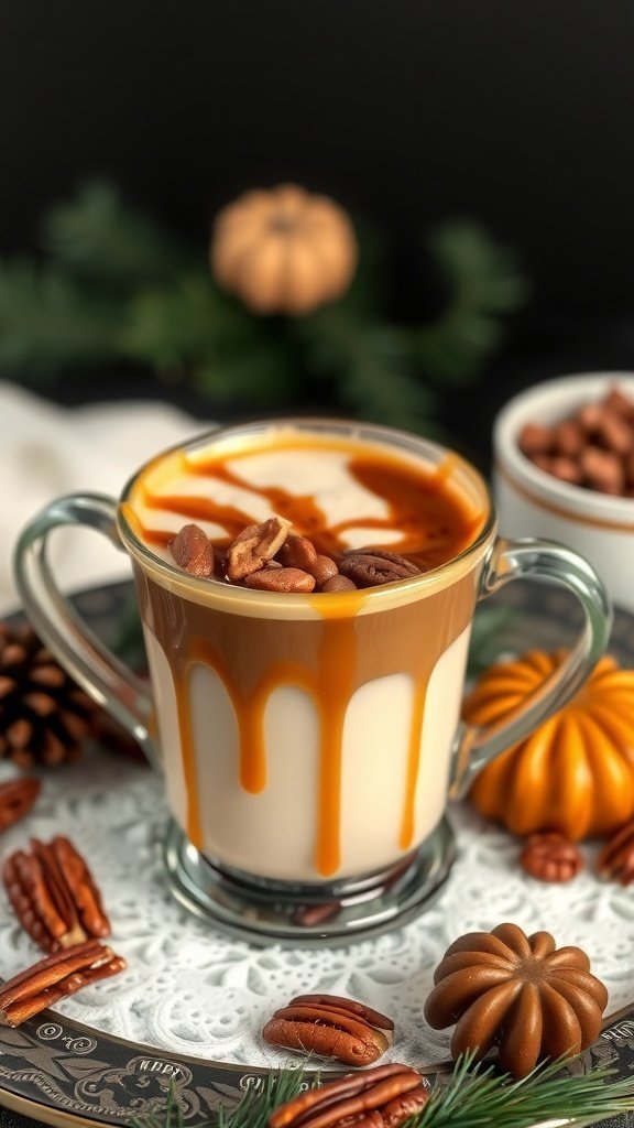 A cozy cup of caramel pecan coffee topped with whipped cream and pecans.