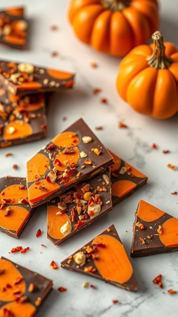 Pumpkin chocolate bark with chili flakes and chopped nuts, surrounded by small pumpkins.