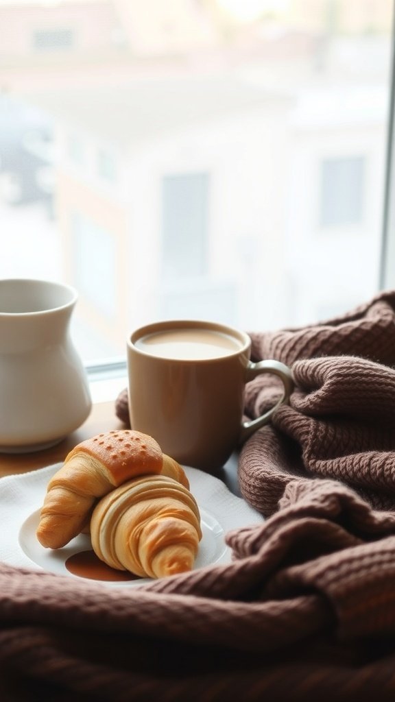 A cozy scene with a cup of coffee, croissants, and a knitted blanket by the window.