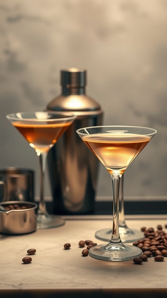 Two coffee martinis on a countertop with coffee beans and a cocktail shaker