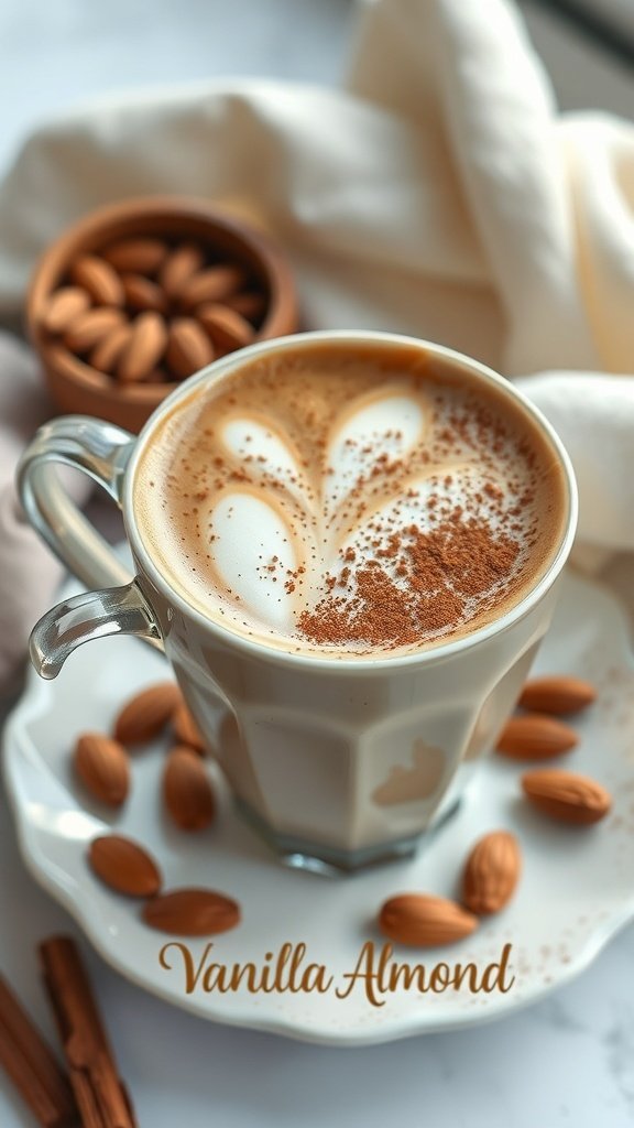 A cup of Vanilla Almond coffee with almonds and cinnamon on the side.