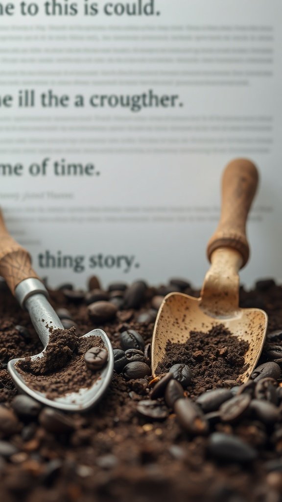 Two small shovels filled with coffee grounds and surrounded by coffee beans