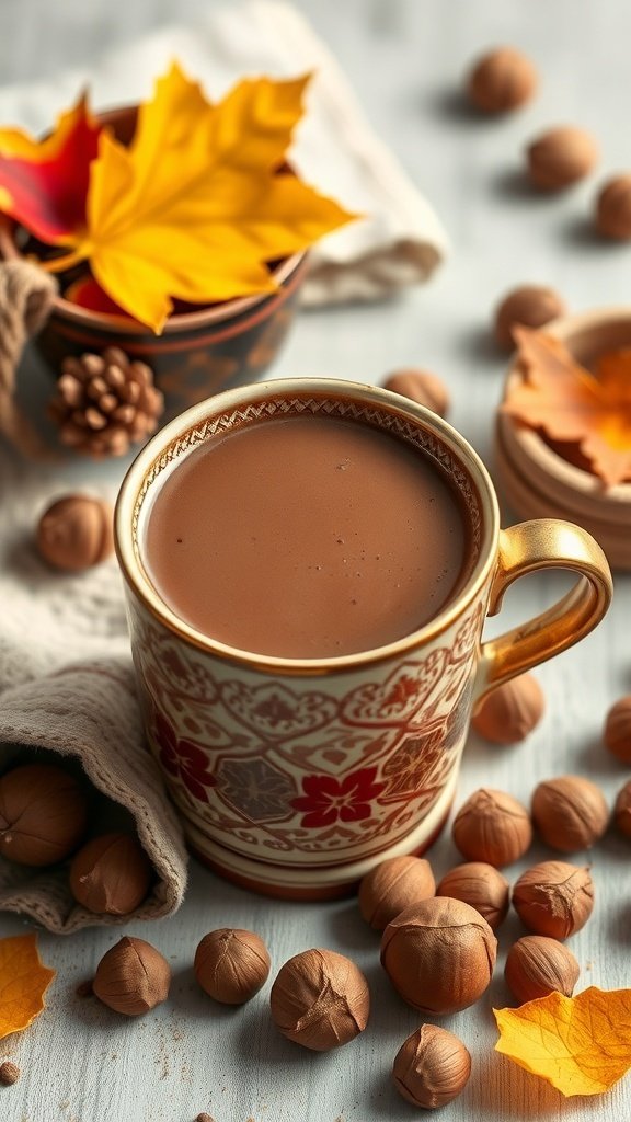 A warm cup of hazelnut hot cocoa surrounded by hazelnuts and autumn leaves.