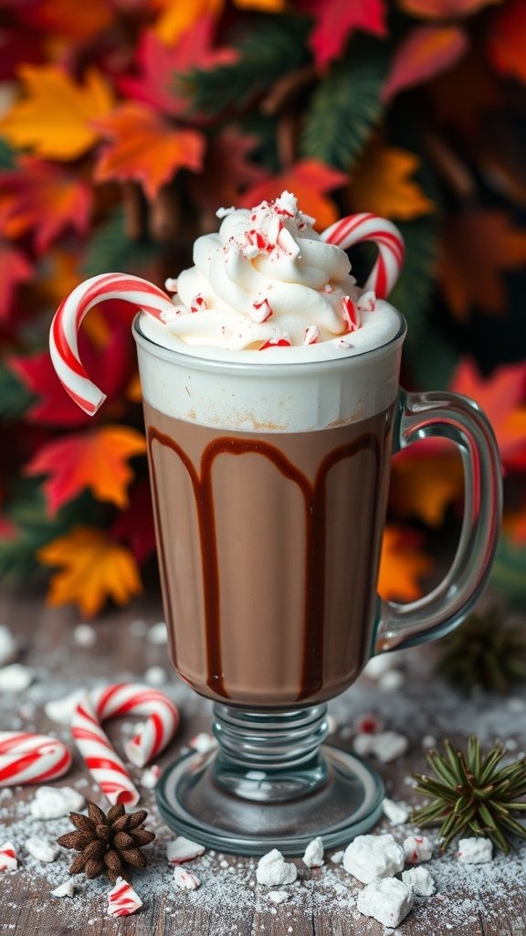 A glass mug filled with Peppermint Mocha Delight topped with whipped cream and crushed peppermint, surrounded by candy canes and autumn leaves.