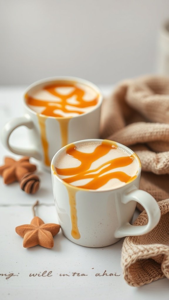 Two mugs of maple brown sugar chai latte with caramel drizzle, surrounded by decorative stars and a cozy blanket.