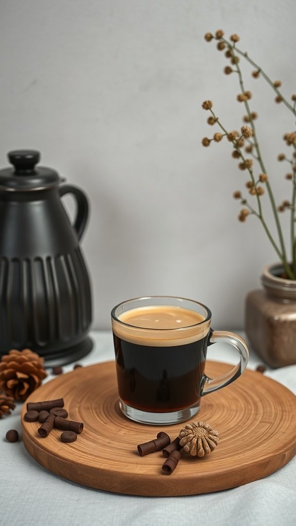 A cup of plant-based Bulletproof coffee on a wooden platter with coffee beans and decorative elements.
