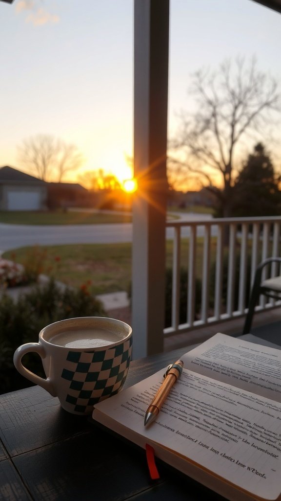 A cozy scene with a pumpkin spice latte, a book, and a sunset in the background.