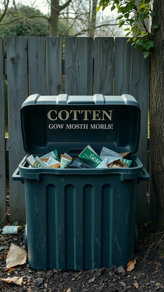 A compost bin filled with various organic materials, including coffee grounds.