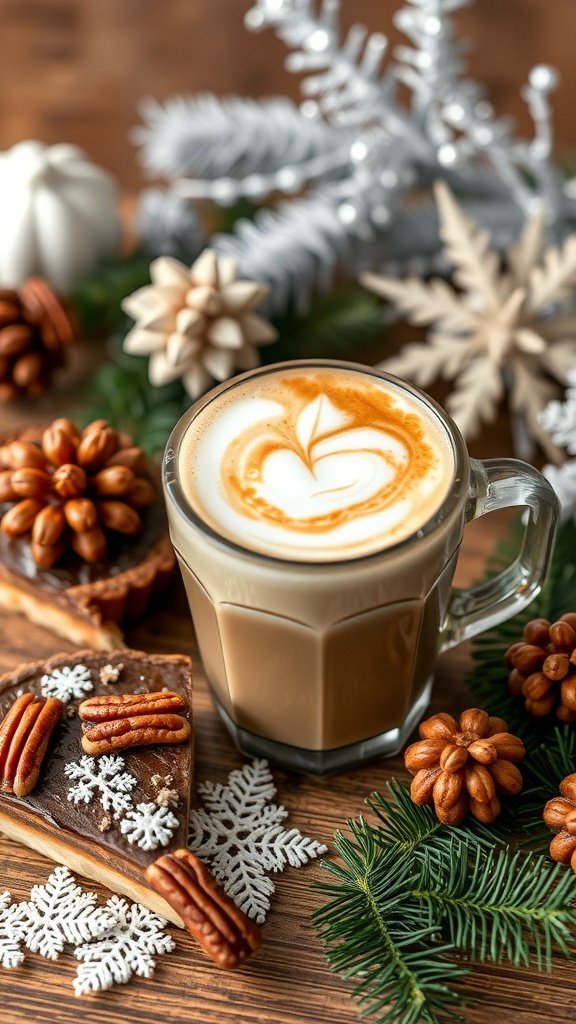 A cozy cup of Maple Pecan Coffee with cream, surrounded by festive decorations and treats.