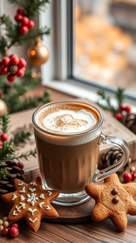 A cozy gingerbread latte beside festive cookies, with holiday decorations in the background.