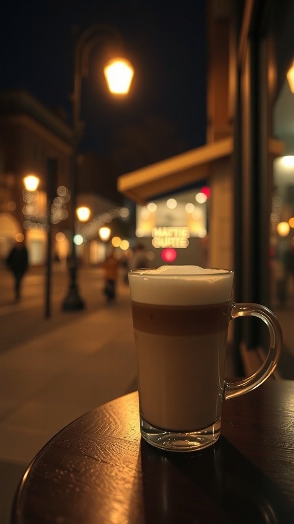 A warm cup of turmeric latte on a wooden table with a cozy evening backdrop.