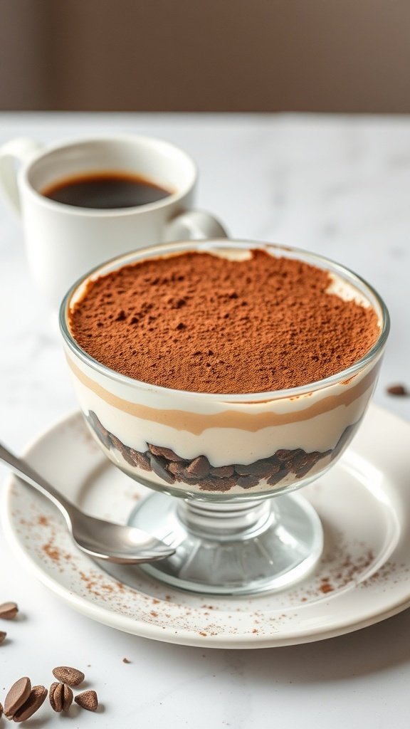 A bowl of coffee tiramisu with a cup of coffee in the background