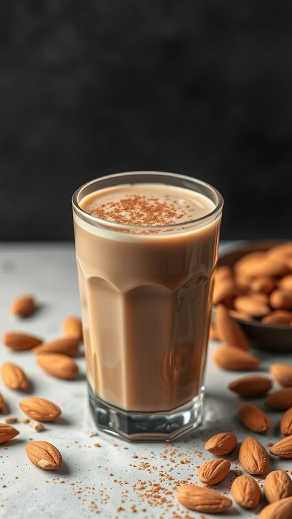 A glass of cinnamon chocolate almond milk surrounded by almonds and sprinkled with cinnamon.