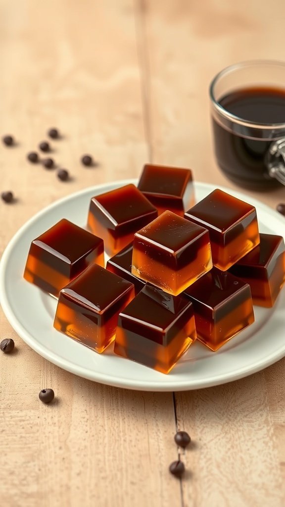 A plate of coffee jelly cubes with a cup of coffee beside it.
