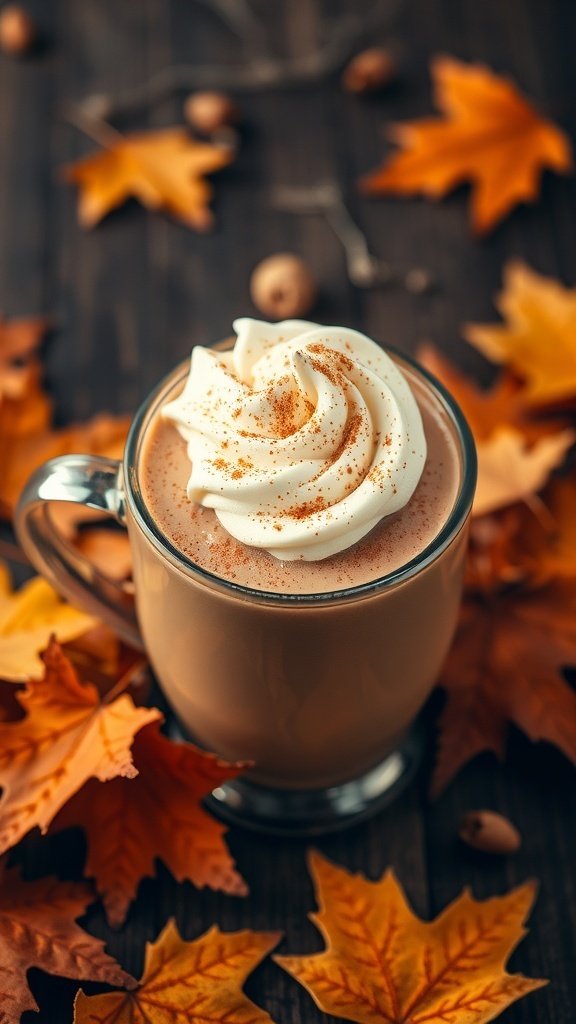 A mug of pumpkin spice hot cocoa topped with whipped cream and cinnamon, surrounded by autumn leaves.