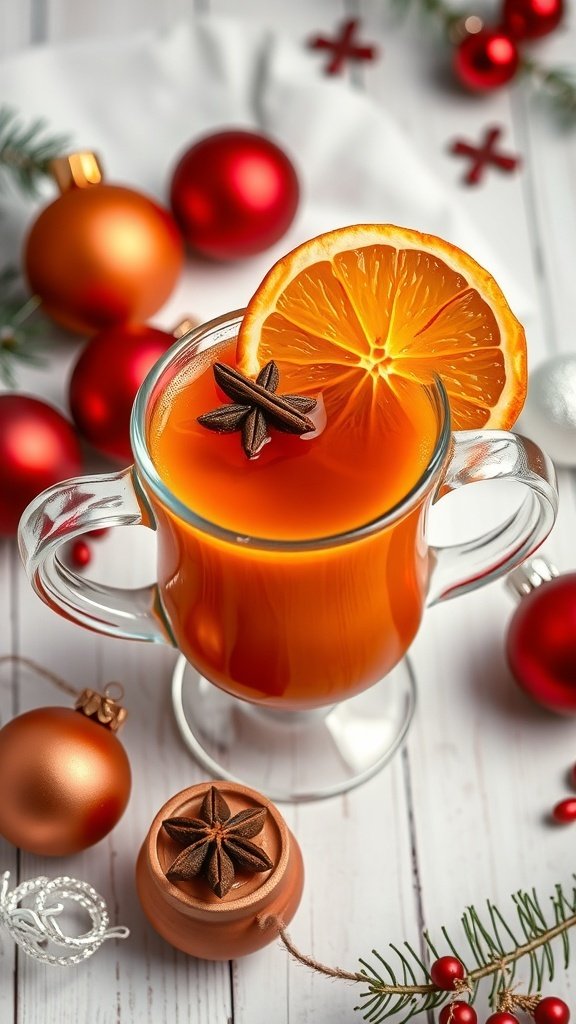 A glass of spiced orange coffee garnished with an orange slice and star anise, surrounded by Christmas decorations.
