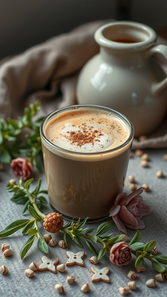 A cozy cup of evening brew topped with cinnamon, surrounded by flowers and greenery.