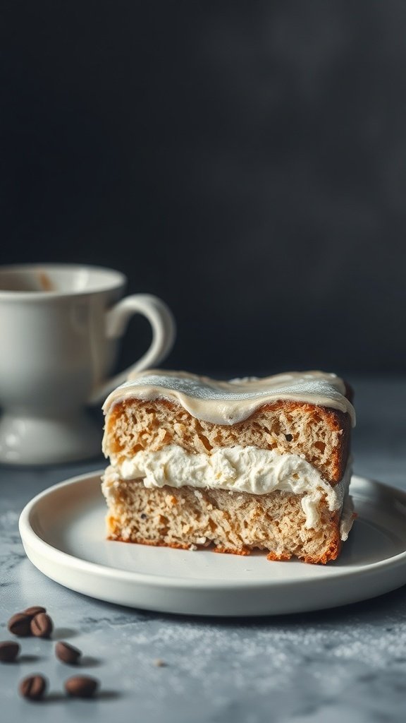 Slice of cream cheese coffee cake on a plate with a cup of coffee in the background.
