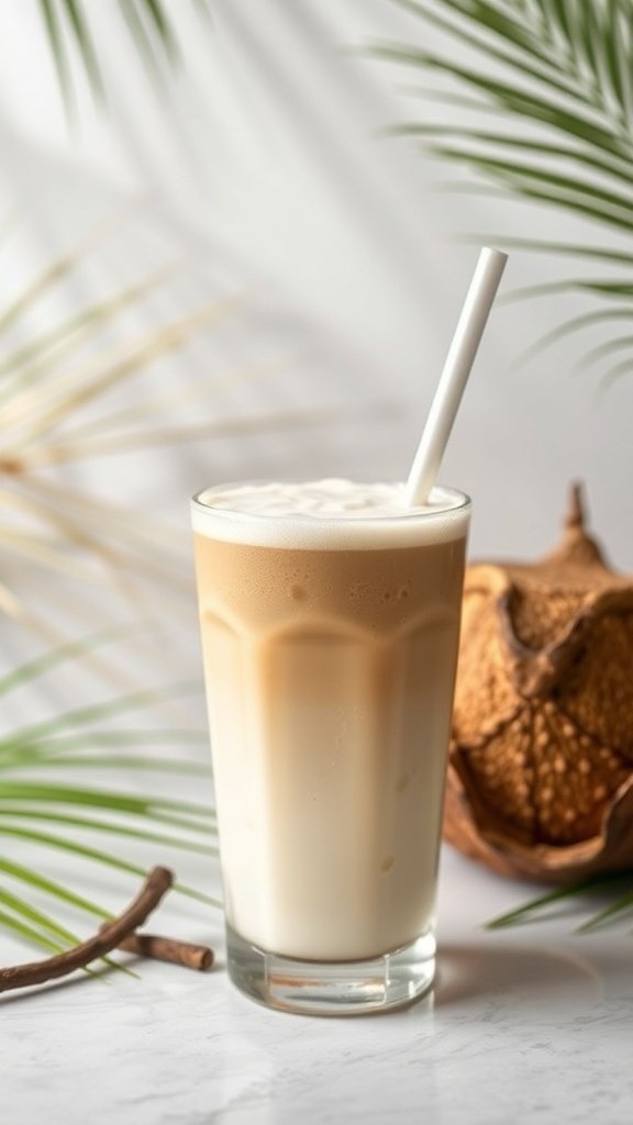 A glass of Coconut Cream Cold Brew with a straw, surrounded by tropical leaves.