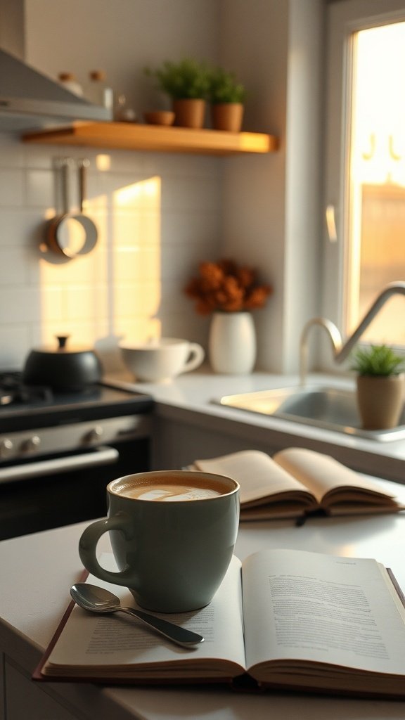 A cozy kitchen scene featuring a turmeric latte in a green mug on an open book, with sunlight streaming in.