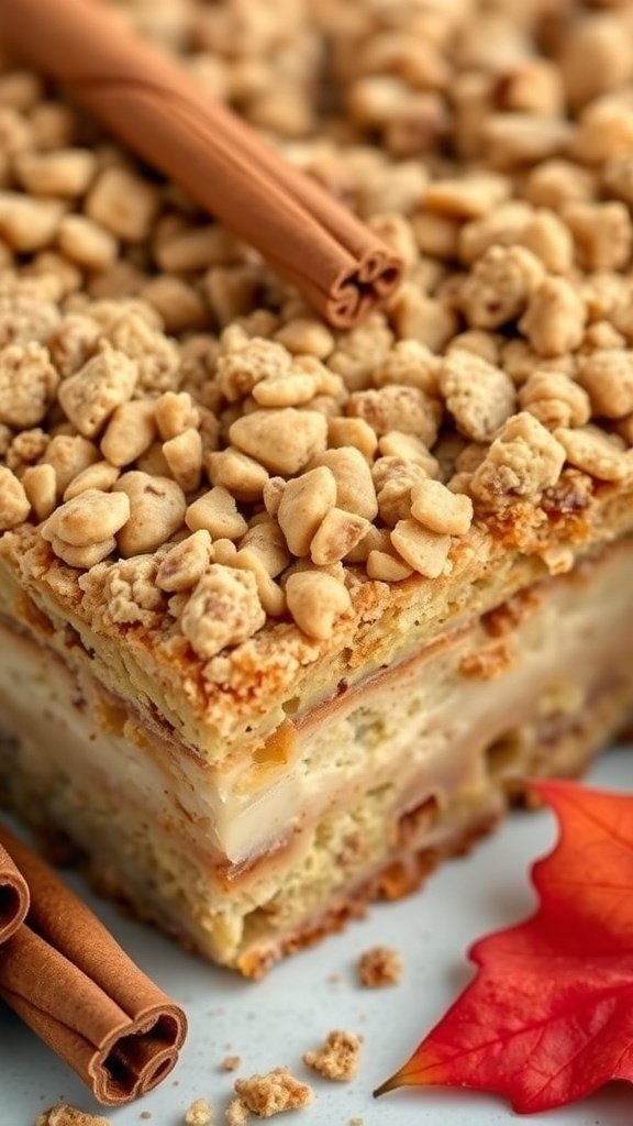 Close-up of a cinnamon coffee cake with a crunchy topping and cinnamon sticks.