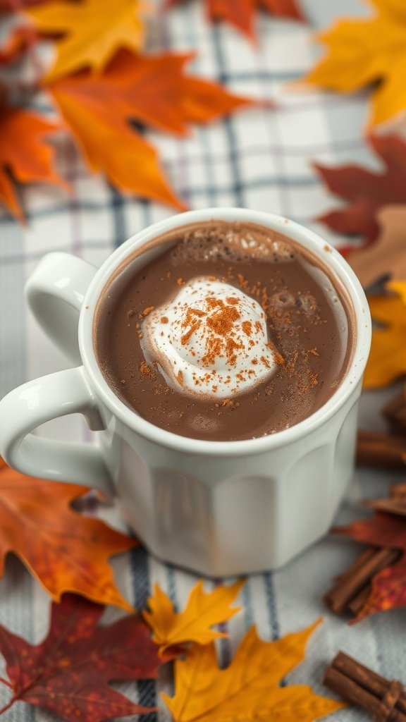 A cozy cup of spiced dark chocolate topped with whipped cream and cinnamon, surrounded by colorful autumn leaves.