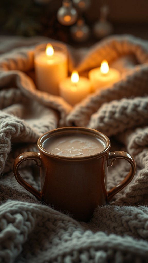 A cozy cup of hazelnut mocha cocoa surrounded by soft blankets and candles.
