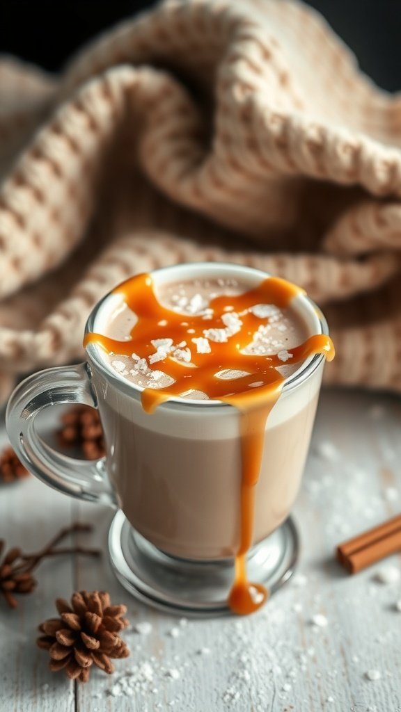 A mug of salted caramel hot cocoa topped with caramel drizzle and sea salt, surrounded by pine cones and a cozy blanket.