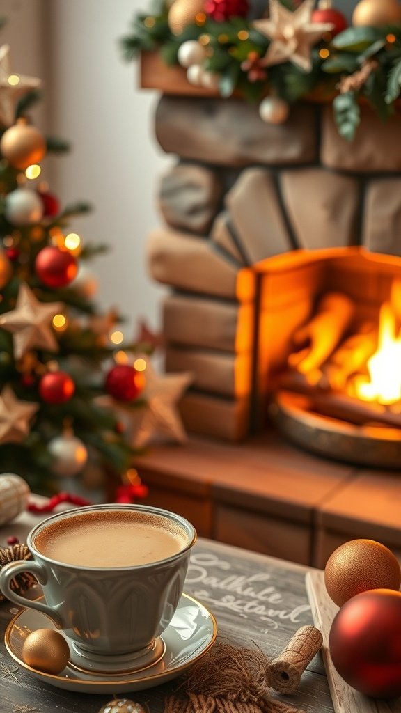 A cozy gingerbread chai latte in a decorative mug, surrounded by holiday decorations and a warm fireplace.