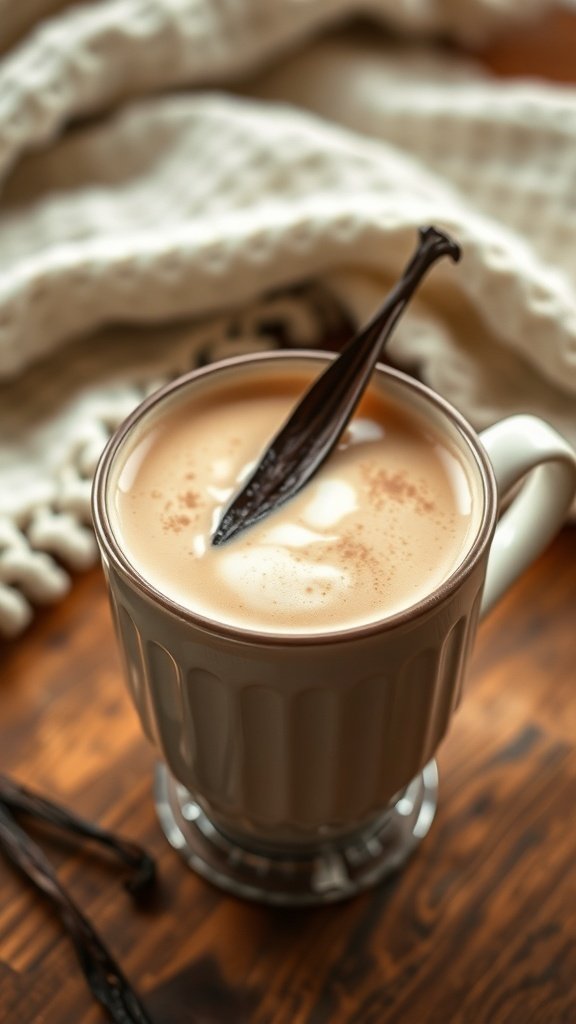 A cup of vanilla bean infused hot chocolate with a vanilla bean on top, placed on a wooden surface next to a knitted blanket.