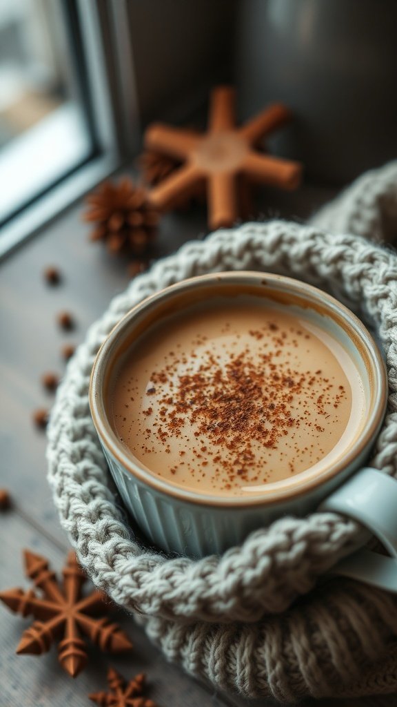 A cozy cup of chai spiced coffee topped with cinnamon, surrounded by festive decorations.