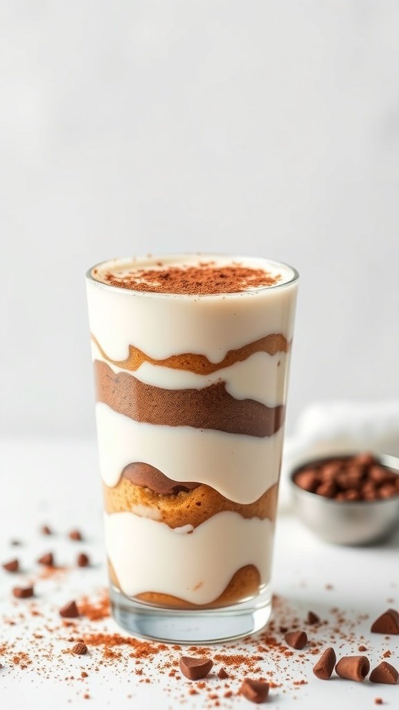 A glass of Tiramisu Yogurt Parfait with layers of yogurt and coffee-soaked cake.