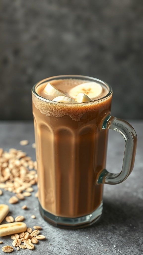 A glass of protein coffee topped with banana slices, surrounded by oats.