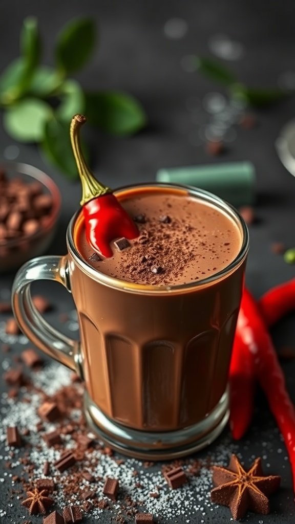 A mug of hot chocolate topped with a chili pepper, surrounded by chocolate pieces and spices.
