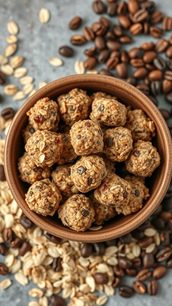 A bowl of coffee granola bites surrounded by coffee beans and oats.