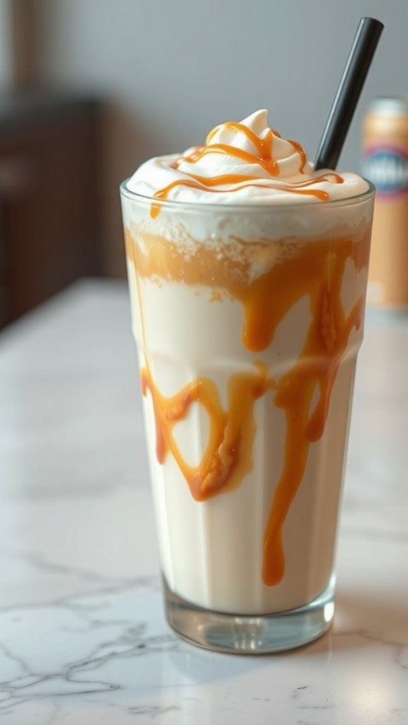 A creamy caramel frappe topped with whipped cream and caramel drizzle in a tall glass.