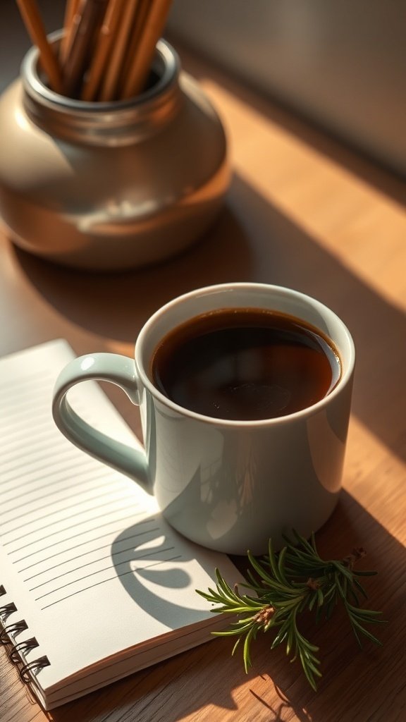 A cup of coffee next to a notebook and a sprig of rosemary on a wooden table.