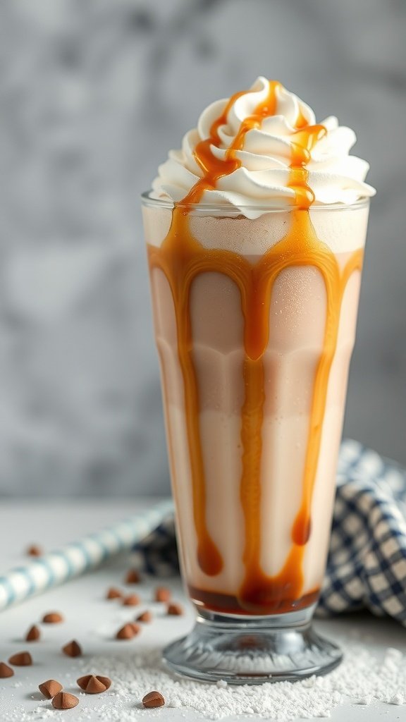A creamy caramel frappe topped with whipped cream and caramel drizzle in a tall glass.