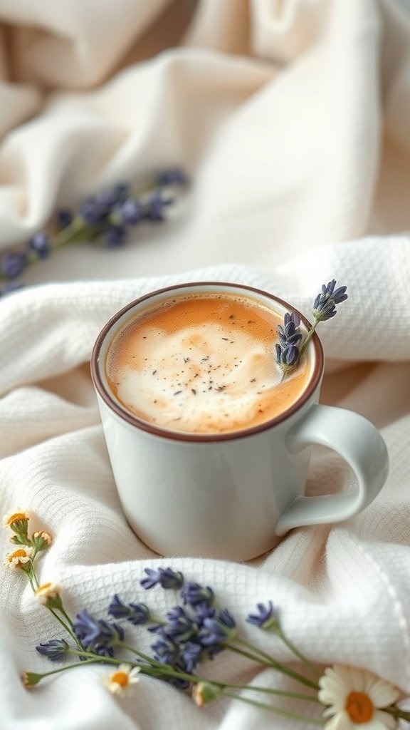 A cozy cup of evening brew with lavender and flowers on a soft blanket.