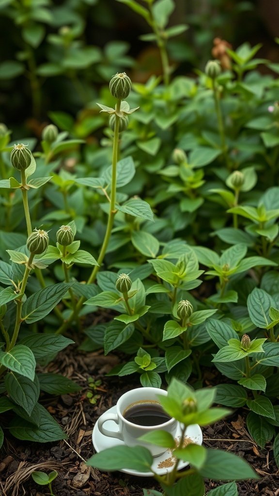 A cup of coffee on a saucer placed among green plants in a garden.