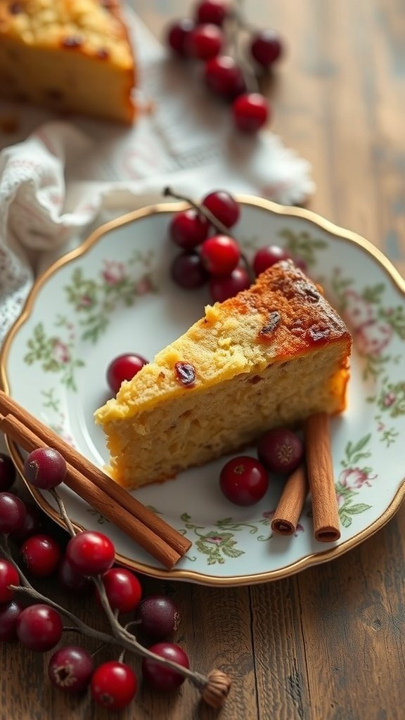 A slice of cranberry orange cake on a floral plate, surrounded by fresh cranberries and cinnamon sticks.