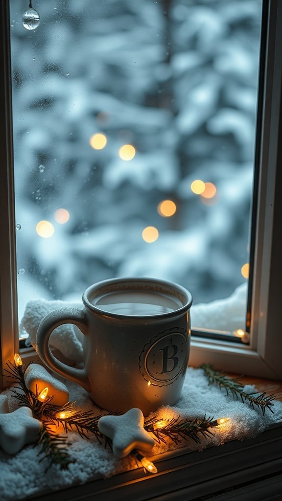 A cozy mug of Hazelnut Mocha Cocoa on a windowsill with snow and lights in the background.