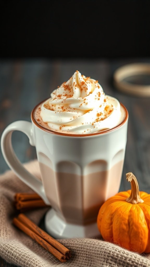 A delicious cup of pumpkin spice hot chocolate topped with whipped cream and cinnamon, next to a small pumpkin and cinnamon sticks.