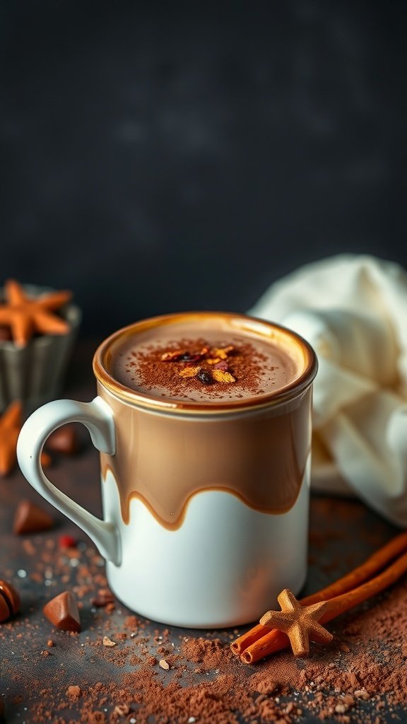 A cup of Spicy Mocha Hot Chocolate with a glossy top, sprinkled with cinnamon, surrounded by chocolate pieces and cinnamon sticks.