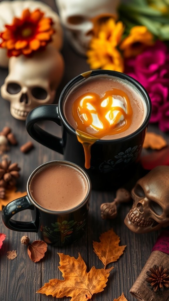 A cozy cup of cocoa with sweetened condensed milk, topped with whipped cream and caramel, surrounded by autumn leaves and Día de los Muertos decorations.