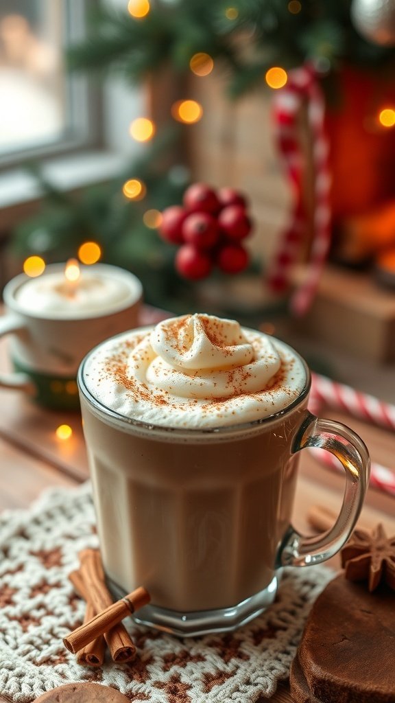A cozy cinnamon vanilla latte with whipped cream and cinnamon sticks, set against a festive holiday background.