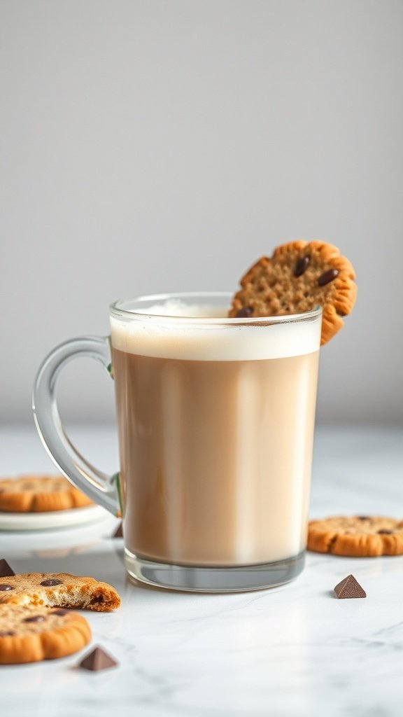 A glass of vanilla latte with a cookie on the rim.