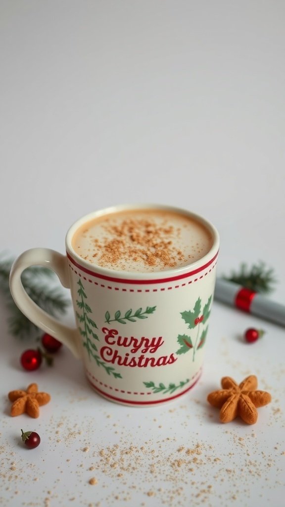A festive mug of eggnog coffee topped with nutmeg, surrounded by holiday decorations.